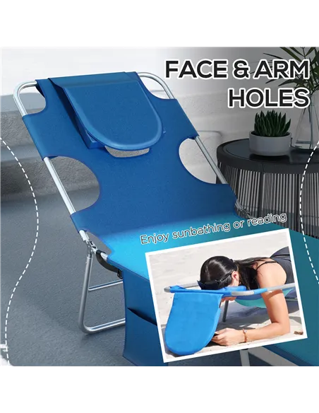 Outsunny Foldable Sun Lounger Set of 2 with Reading Hole, Portable Sun Lounger with 5 Level Adjustable Backrest, Reclining Loung