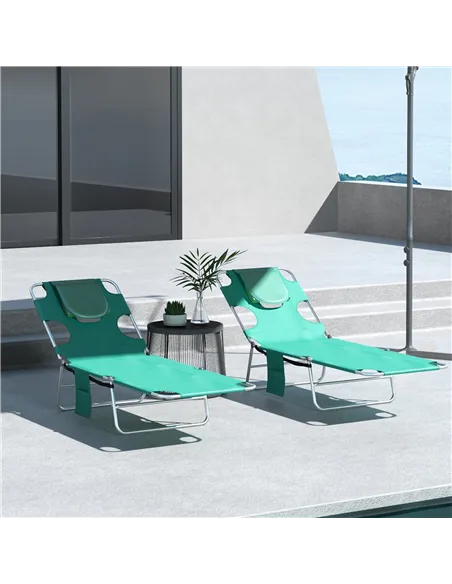 Outsunny Foldable Sun Lounger Set of 2 with Reading Hole, Portable Sun Lounger with 5 Level Adjustable Backrest, Reclining Loung