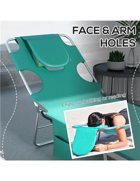 Outsunny Foldable Sun Lounger Set of 2 with Reading Hole, Portable Sun Lounger with 5 Level Adjustable Backrest, Reclining Loung