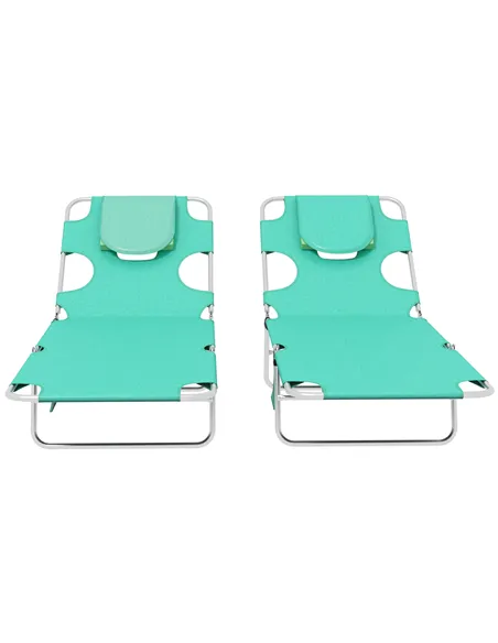 Outsunny Foldable Sun Lounger Set of 2 with Reading Hole, Portable Sun Lounger with 5 Level Adjustable Backrest, Reclining Loung