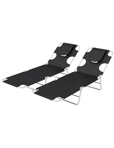 Outsunny Foldable Sun Lounger Set of 2, Beach Chaise Lounges with Reading Hole, Arm Slots, 5-Position Adjustable Backrest, Side 