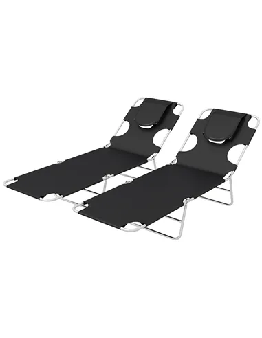 Outsunny Foldable Sun Lounger Set of 2, Beach Chaise Lounges with Reading Hole, Arm Slots, 5-Position Adjustable Backrest, Side 