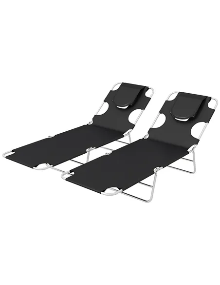 Outsunny Foldable Sun Lounger Set of 2, Beach Chaise Lounges with Reading Hole, Arm Slots, 5-Position Adjustable Backrest, Side 