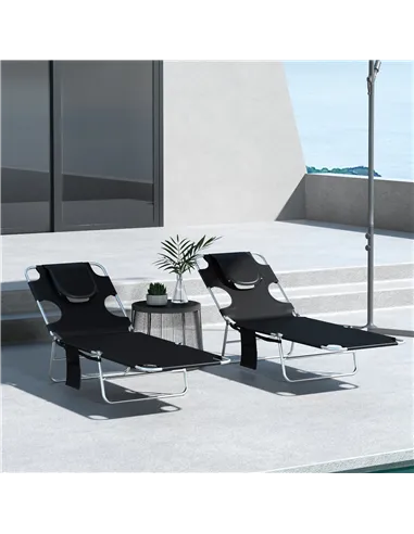 Outsunny Foldable Sun Lounger Set of 2, Beach Chaise Lounges with Reading Hole, Arm Slots, 5-Position Adjustable Backrest, Side 