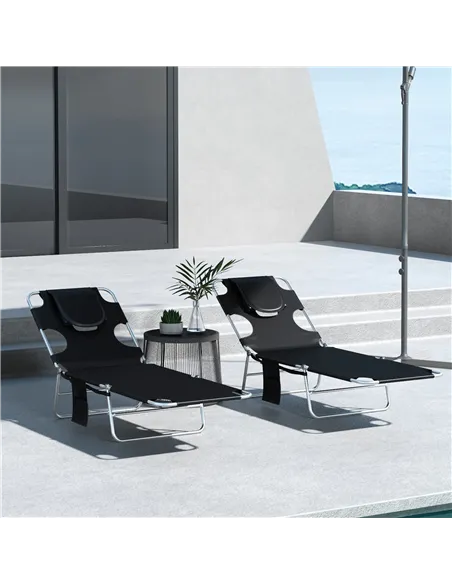 Outsunny Foldable Sun Lounger Set of 2, Beach Chaise Lounges with Reading Hole, Arm Slots, 5-Position Adjustable Backrest, Side 