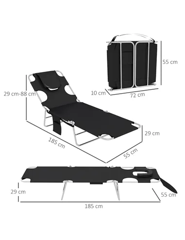 Outsunny Foldable Sun Lounger Set of 2, Beach Chaise Lounges with Reading Hole, Arm Slots, 5-Position Adjustable Backrest, Side 