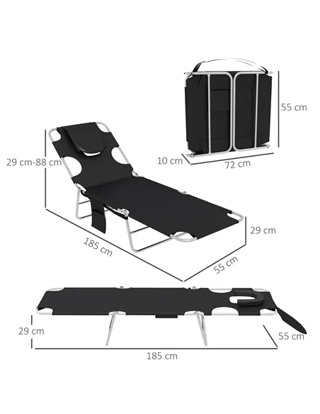 Outsunny Foldable Sun Lounger Set of 2, Beach Chaise Lounges with Reading Hole, Arm Slots, 5-Position Adjustable Backrest, Side 
