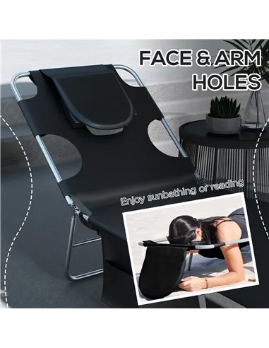 Outsunny Foldable Sun Lounger Set of 2, Beach Chaise Lounges with Reading Hole, Arm Slots, 5-Position Adjustable Backrest, Side 