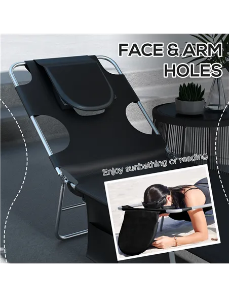 Outsunny Foldable Sun Lounger Set of 2, Beach Chaise Lounges with Reading Hole, Arm Slots, 5-Position Adjustable Backrest, Side 