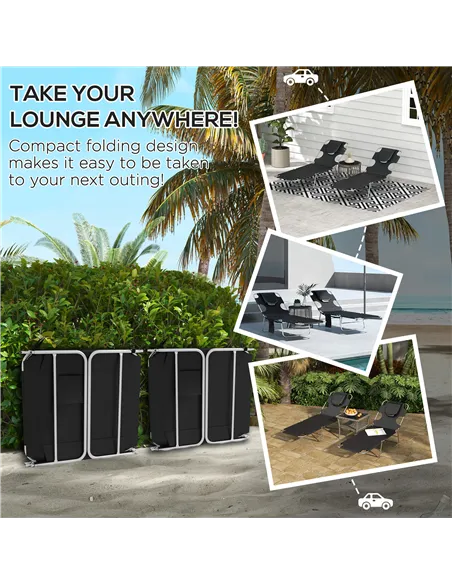 Outsunny Foldable Sun Lounger Set of 2, Beach Chaise Lounges with Reading Hole, Arm Slots, 5-Position Adjustable Backrest, Side 