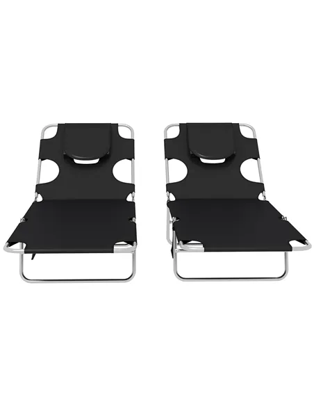 Outsunny Foldable Sun Lounger Set of 2, Beach Chaise Lounges with Reading Hole, Arm Slots, 5-Position Adjustable Backrest, Side 