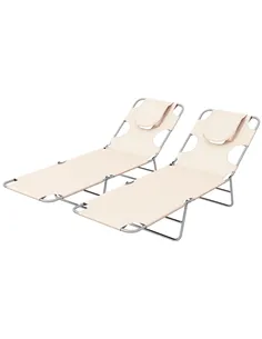 Outsunny Foldable Sun Lounger Set of 2, Beach Chaise Lounges with Reading Hole, Arm Slots, 5-Position Adjustable Backrest, Side 