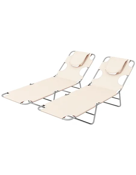 Outsunny Foldable Sun Lounger Set of 2, Beach Chaise Lounges with Reading Hole, Arm Slots, 5-Position Adjustable Backrest, Side 