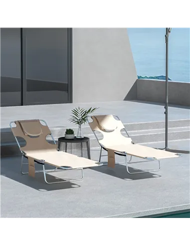 Outsunny Foldable Sun Lounger Set of 2, Beach Chaise Lounges with Reading Hole, Arm Slots, 5-Position Adjustable Backrest, Side 
