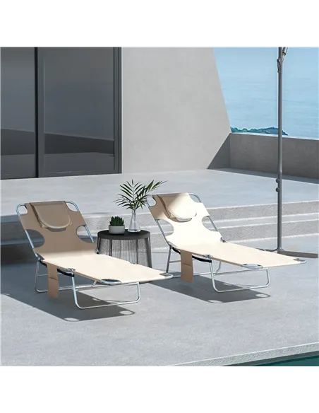 Outsunny Foldable Sun Lounger Set of 2, Beach Chaise Lounges with Reading Hole, Arm Slots, 5-Position Adjustable Backrest, Side 