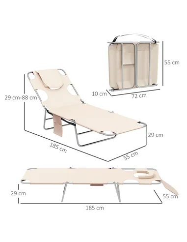 Outsunny Foldable Sun Lounger Set of 2, Beach Chaise Lounges with Reading Hole, Arm Slots, 5-Position Adjustable Backrest, Side 