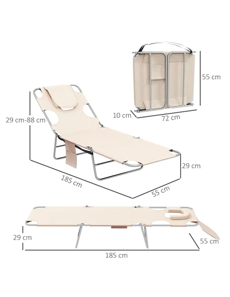 Outsunny Foldable Sun Lounger Set of 2, Beach Chaise Lounges with Reading Hole, Arm Slots, 5-Position Adjustable Backrest, Side 