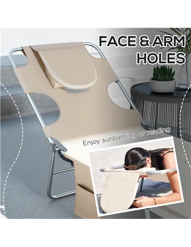 Outsunny Foldable Sun Lounger Set of 2, Beach Chaise Lounges with Reading Hole, Arm Slots, 5-Position Adjustable Backrest, Side 