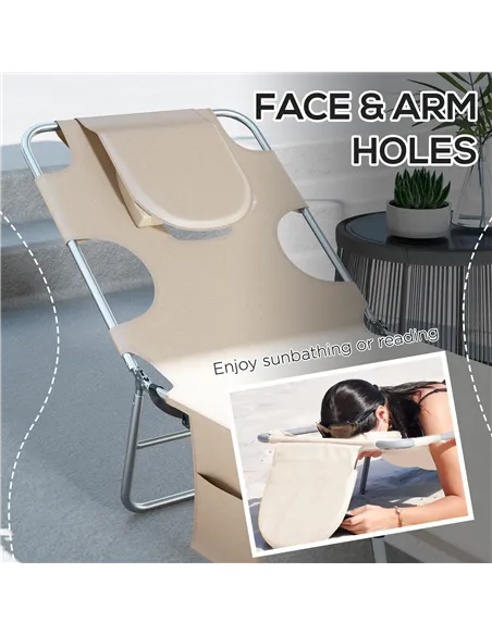 Outsunny Foldable Sun Lounger Set of 2, Beach Chaise Lounges with Reading Hole, Arm Slots, 5-Position Adjustable Backrest, Side 