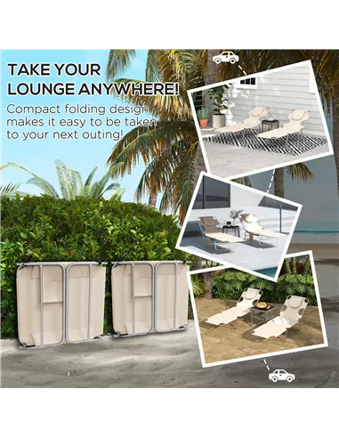 Outsunny Foldable Sun Lounger Set of 2, Beach Chaise Lounges with Reading Hole, Arm Slots, 5-Position Adjustable Backrest, Side 