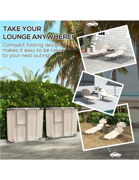 Outsunny Foldable Sun Lounger Set of 2, Beach Chaise Lounges with Reading Hole, Arm Slots, 5-Position Adjustable Backrest, Side 