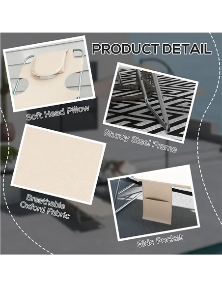 Outsunny Foldable Sun Lounger Set of 2, Beach Chaise Lounges with Reading Hole, Arm Slots, 5-Position Adjustable Backrest, Side 