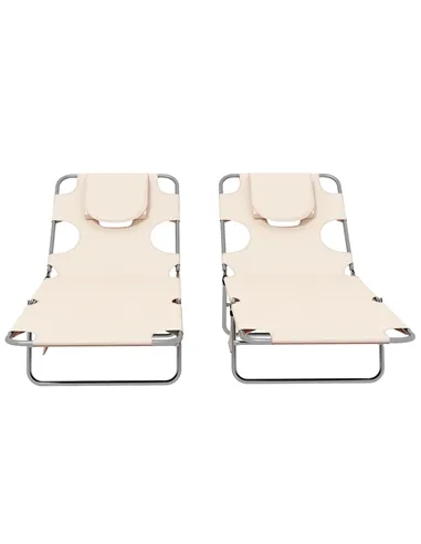 Outsunny Foldable Sun Lounger Set of 2, Beach Chaise Lounges with Reading Hole, Arm Slots, 5-Position Adjustable Backrest, Side 