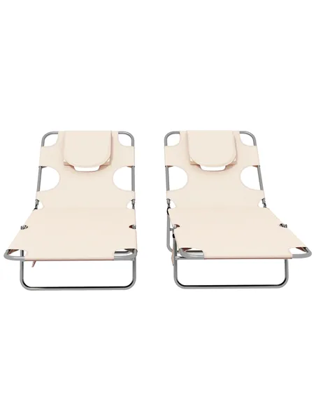 Outsunny Foldable Sun Lounger Set of 2, Beach Chaise Lounges with Reading Hole, Arm Slots, 5-Position Adjustable Backrest, Side 