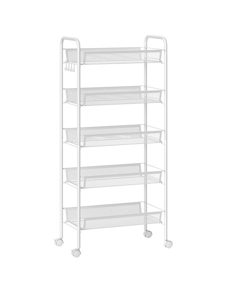 HOMCOM Five-Steel Mesh Basket Storage Trolley, with Wheels - White
