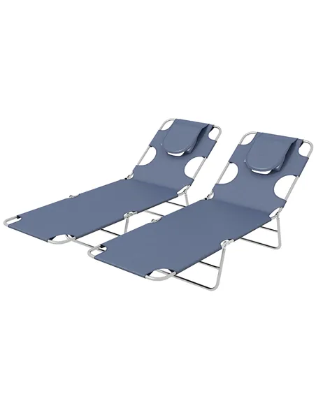 Outsunny Foldable Sun Lounger Set of 2 with Reading Hole, Portable Sun Lounger with 5 Level Adjustable Backrest, Reclining Loung