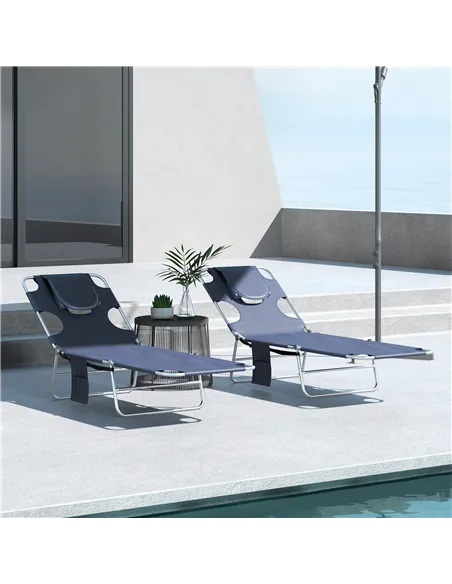 Outsunny Foldable Sun Lounger Set of 2 with Reading Hole, Portable Sun Lounger with 5 Level Adjustable Backrest, Reclining Loung