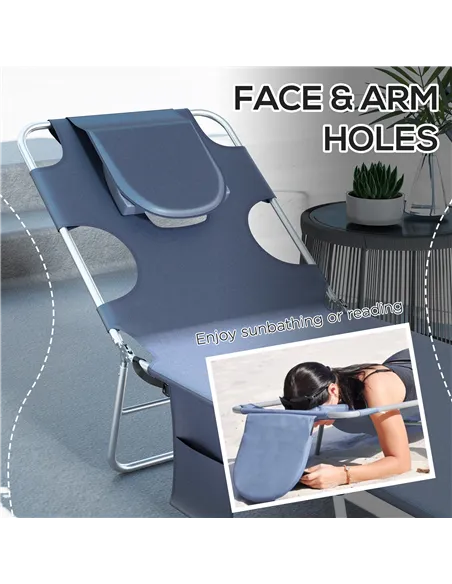 Outsunny Foldable Sun Lounger Set of 2 with Reading Hole, Portable Sun Lounger with 5 Level Adjustable Backrest, Reclining Loung
