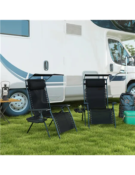 Outsunny 2 Piece Foldable Reclining Garden Chair with Headrest, Zero Gravity Deck Sun Lounger Seat Chair with Footrest, Armrest,