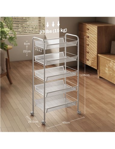 HOMCOM Five-Steel Mesh Basket Storage Trolley, with Wheels - White