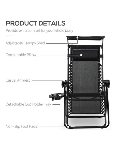 Outsunny 2 Piece Foldable Reclining Garden Chair with Headrest, Zero Gravity Deck Sun Lounger Seat Chair with Footrest, Armrest,
