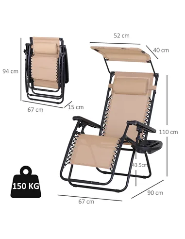 Outsunny 2 Piece Foldable Reclining Garden Chair with Headrest, Zero Gravity Deck Sun Lounger Seat Chair with Footrest, Armrest,