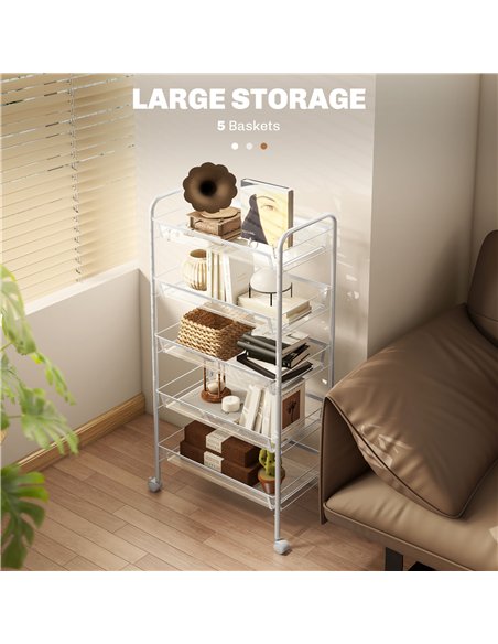 HOMCOM Five-Steel Mesh Basket Storage Trolley, with Wheels - White