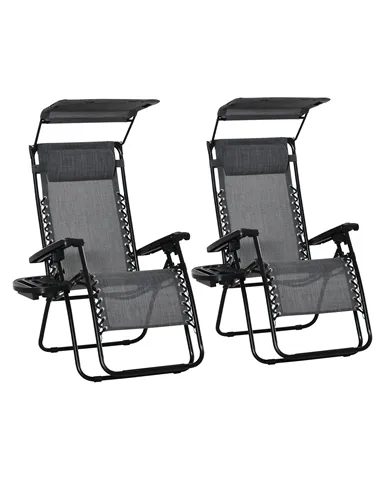 Outsunny 2 Piece Foldable Reclining Garden Chair with Headrest, Zero Gravity Deck Sun Lounger Seat Chair with Footrest, Armrest,