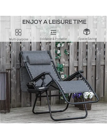 Outsunny 2 Piece Foldable Reclining Garden Chair with Headrest, Zero Gravity Deck Sun Lounger Seat Chair with Footrest, Armrest,