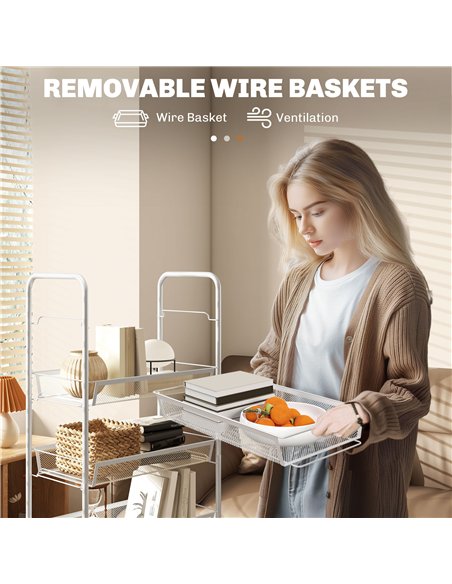 HOMCOM Five-Steel Mesh Basket Storage Trolley, with Wheels - White