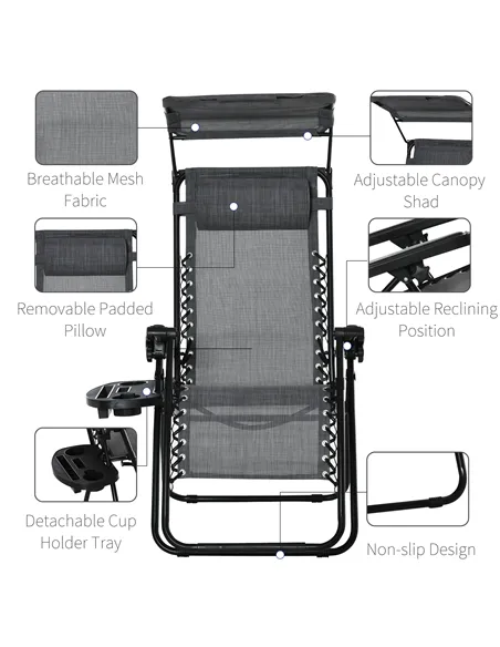 Outsunny 2 Piece Foldable Reclining Garden Chair with Headrest, Zero Gravity Deck Sun Lounger Seat Chair with Footrest, Armrest,