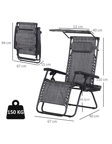 Outsunny 2 Piece Foldable Reclining Garden Chair with Headrest, Zero Gravity Deck Sun Lounger Seat Chair with Footrest, Armrest,