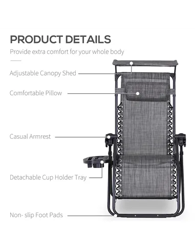 Outsunny 2 Piece Foldable Reclining Garden Chair with Headrest, Zero Gravity Deck Sun Lounger Seat Chair with Footrest, Armrest,