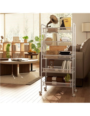 HOMCOM Five-Steel Mesh Basket Storage Trolley, with Wheels - White