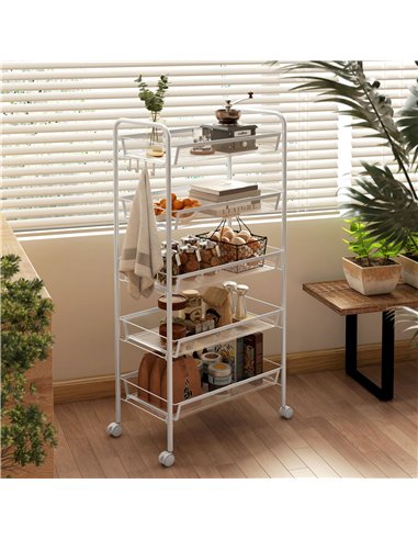 HOMCOM Five-Steel Mesh Basket Storage Trolley, with Wheels - White