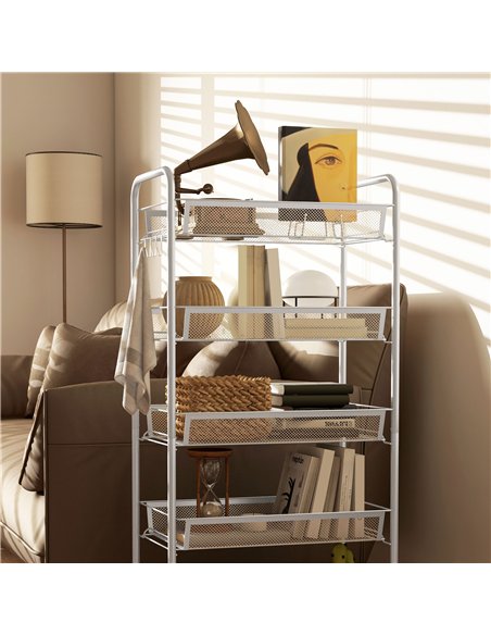 HOMCOM Five-Steel Mesh Basket Storage Trolley, with Wheels - White