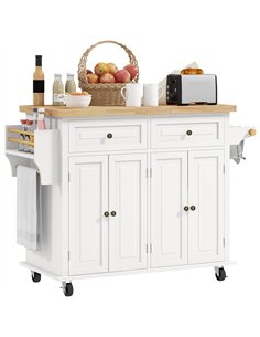 HOMCOM Rolling Kitchen Island Storage Trolley with Rubber Wood Top & Drawers for Dining Room, Cream White