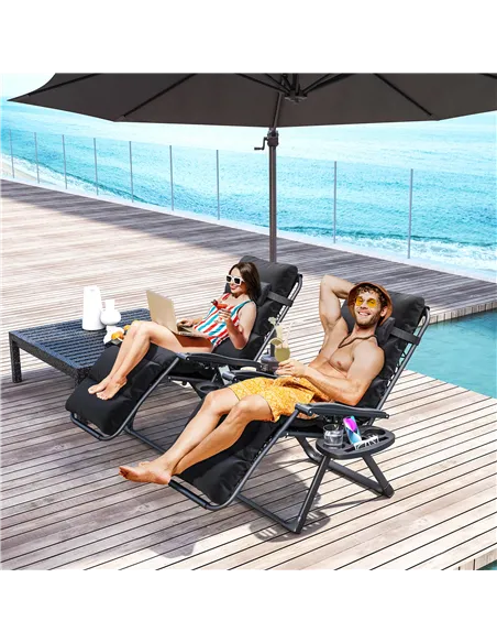 Outsunny Set of Two Reclining Sun Loungers, with Cushion - Black