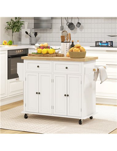 HOMCOM Rolling Kitchen Island Storage Trolley with Rubber Wood Top & Drawers for Dining Room, Cream White