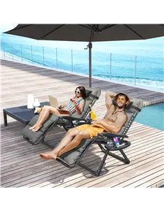 Outsunny Set of Two Reclining Sun Loungers, with Cushion - Grey 2